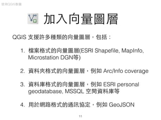 加⼊入向量圖層
QGIS ⽀支援許多種類的向量圖層，包括：
1. 檔案格式的向量圖層(ESRI Shapeﬁle, MapInfo,
Microstation DGN等)
2. 資料夾格式的向量圖層，例如 Arc/Info coverage
3. 資料庫格式的向量圖層，例如 ESRI personal
geodatabase, MSSQL 空間資料庫等
4. ⽤用於網路格式的通訊協定，例如 GeoJSON
使⽤用QGIS製圖
11
 