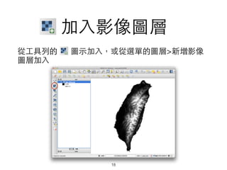 加⼊入影像圖層
從⼯工具列的 圖⽰示加⼊入，或從選單的圖層>新增影像
圖層加⼊入
18
 