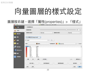 向量圖層的樣式設定
圖層按右鍵，選擇「屬性(properties)」> 「樣式」
使⽤用QGIS製圖
22
 