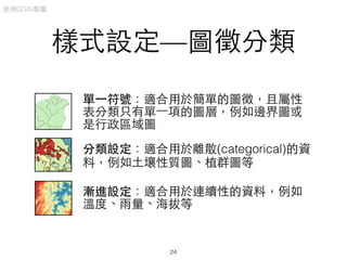 樣式設定—圖徵分類
單⼀一符號：適合⽤用於簡單的圖徵，且屬性
表分類只有單⼀一項的圖層，例如邊界圖或
是⾏行政區域圖
分類設定：適合⽤用於離散(categorical)的資
料，例如⼟土壤性質圖、植群圖等
漸進設定：適合⽤用於連續性的資料，例如
溫度、⾬雨量、海拔等
使⽤用QGIS製圖
24
 