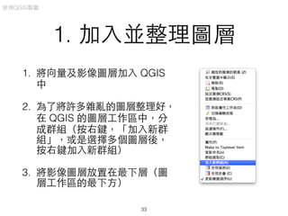 1. 加⼊入並整理圖層
1. 將向量及影像圖層加⼊入 QGIS
中
2. 為了將許多雜亂的圖層整理好，
在 QGIS 的圖層⼯工作區中，分
成群組（按右鍵，「加⼊入新群
組」，或是選擇多個圖層後，
按右鍵加⼊入新群組）
3. 將影像圖層放置在最下層（圖
層⼯工作區的最下⽅方）
使⽤用QGIS製圖
33
 