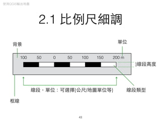 2.1 ⽐比例尺細調
0 50 100 150 200 m50100
}線段⾼高度
單位
線段，單位：可選擇{公尺/地圖單位等} 線段類型
背景
框線
43
使⽤用QGIS輸出地圖
 