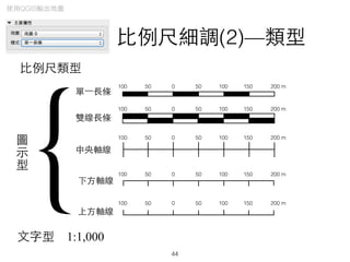 ⽐比例尺細調(2)—類型
⽐比例尺類型
0 50 100 150 200 m50100
0 50 100 150 200 m50100
單⼀一⻑⾧長條
雙線⻑⾧長條
0 50 100 150 200 m50100
0 50 100 150 200 m50100
0 50 100 150 200 m50100
中央軸線
下⽅方軸線
上⽅方軸線
圖
⽰示
型
{⽂文字型 1:1,000
44
使⽤用QGIS輸出地圖
 