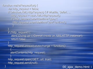 function makeRequest(url) {function makeRequest(url) {
var http_request = false;var http_request = false;
if (window.XMLHttpRequest) { // Mozilla, Safari, ...if (window.XMLHttpRequest) { // Mozilla, Safari, ...
http_request = new XMLHttpRequest();http_request = new XMLHttpRequest();
if (http_request.overrideMimeType) {if (http_request.overrideMimeType) {
http_request.overrideMimeType('text/xml');http_request.overrideMimeType('text/xml');
}}
}}
if (!http_request) {if (!http_request) {
alert('Giving up :( Cannot create an XMLHTTP instance');alert('Giving up :( Cannot create an XMLHTTP instance');
return false;return false;
}}
http_request.onreadystatechange = function()http_request.onreadystatechange = function()
{{
alertContents(http_request);alertContents(http_request);
}}
http_request.open('GET', url, true);http_request.open('GET', url, true);
http_request.send(null);http_request.send(null);
}} 00_ajax_demo.html: i
 