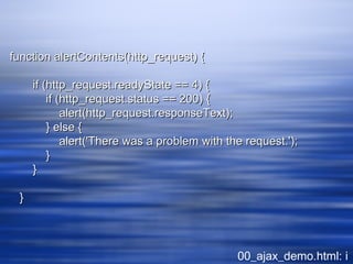function alertContents(http_request) {function alertContents(http_request) {
if (http_request.readyState == 4) {if (http_request.readyState == 4) {
if (http_request.status == 200) {if (http_request.status == 200) {
alert(http_request.responseText);alert(http_request.responseText);
} else {} else {
alert('There was a problem with the request.');alert('There was a problem with the request.');
}}
}}
}}
00_ajax_demo.html: i
 