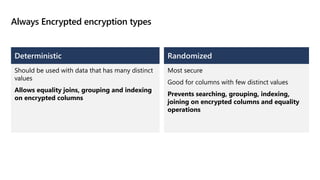 Always Encrypted encryption types
Deterministic
Should be used with data that has many distinct
values​
Allows equality joins, grouping and indexing
on encrypted columns
Randomized
Most secure
Good for columns with few distinct values​
Prevents searching, grouping, indexing,
joining on encrypted columns and equality
operations
 