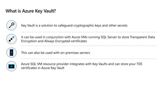 What is Azure Key Vault?
Key Vault is a solution to safeguard cryptographic keys and other secrets
It can be used in conjunction with Azure VMs running SQL Server to store Transparent Data
Encryption and Always Encrypted certificates
This can also be used with on-premises servers
Azure SQL VM resource provider integrates with Key Vaults and can store your TDE
certificates in Azure Key Vault
 