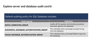 Explore server and database audit cont’d
Action group Definition
BATCH_COMPLETED_GROUP
Audits all the queries and stored procedures
executed against the database.
SUCCESSFUL_DATABASE_AUTHENTICATION_GROUP
This indicates that a principal succeed to log
into the database.
FAILED_DATABASE_AUTHENTICATION_GROUP
This indicates that a principal failed to log into
the database.
Default auditing policy for SQL Database includes:
 