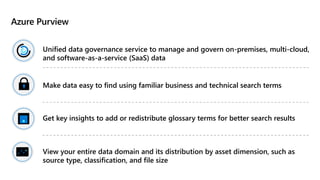 Azure Purview
Unified data governance service to manage and govern on-premises, multi-cloud,
and software-as-a-service (SaaS) data
Make data easy to find using familiar business and technical search terms
Get key insights to add or redistribute glossary terms for better search results
View your entire data domain and its distribution by asset dimension, such as
source type, classification, and file size
 