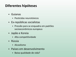 Diferentes hipóteses
 Guianas
 Pesticidas neurotóxicos
 Ex-repúblicas socialistas
 Pressão para se enquadra em padrões
socioeconômicos europeus
 Japão e Koreia
 Alta competitividade
 Rússia
 Alcoolismo
 Países em desenvolvimento
 Baixa qualidade de vida?
 