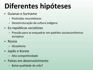Diferentes hipóteses
 Guianas e Suriname
• Pesticidas neurotóxicos
• Desestruturação da cultura indígena
 Ex-repúblicas socialistas
• Pressão para se enquadrar em padrões socioeconômicos
europeus
 Rússia
• Alcoolismo
 Japão e Koreia
• Alta competitividade
 Países em desenvolvimento
• Baixa qualidade de vida?
 