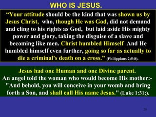 20
WHO IS JESUS.
“Your attitude should be the kind that was shown us by
Jesus Christ, who, though He was God, did not demand
and cling to his rights as God, but laid aside His mighty
power and glory, taking the disguise of a slave and
becoming like men. Christ humbled Himself And He
humbled himself even further, going so far as actually to
die a criminal's death on a cross.” (Philippians 2:5-8).
Jesus had one Human and one Divine parent.
An angel told the woman who would become His mother:-
"And behold, you will conceive in your womb and bring
forth a Son, and shall call His name Jesus." (Luke 1:31;).
 