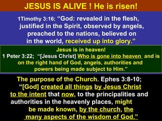 47
1Timothy 3:16;; “God: revealed in the flesh,
justified in the Spirit, observed by angels,
preached to the nations, believed on
in the world, received up into glory.”
Jesus is in heaven!
1 Peter 3:22; “[Jesus Christ]“[Jesus Christ] Who is gone into heavenWho is gone into heaven and isand is
on the right hand of God,on the right hand of God, angels, authorities andangels, authorities and
powers being made subject to Him.”powers being made subject to Him.”
The purpose of the Church. Ephes 3:8-10;
“[God] created all things by Jesus Christ
to the intent that now, to the principalities and
authorities in the heavenly places, might
be made known, by the church, the
many aspects of the wisdom of God.”
JESUS IS ALIVE ! He is risen!
 