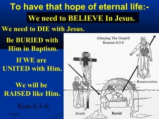 6910/18/15 69
We need to BELIEVE In Jesus.
Rom 6:3-4;
To have that hope of eternal life:-
We need to DIE with Jesus.
Be BURIED with
Him in Baptism.
If WE are
UNITED with Him.
We will be
RAISED like Him.
 