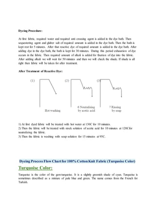 Dyeing Procedure:
At first fabric, required water and required anti creasing agent is added in the dye bath. Then
sequestering agent and gluber salt of required amount is added in the dye bath. Then the bath is
kept rest for 5 minutes. After that reactive dye of required amount is added in the dye bath. After
adding dye in the dye bath, the bath is kept for 30 minutes. During this period exhaustion of dye
occurs in the fabric. Then required amount of alkali is added for fixation of dye into the fabric.
After adding alkali we will wait for 50 minutes and then we will check the shade. If shade is all
right then fabric will be taken for after treatment.
After Treatment of Reactive Dye:
1) At first dyed fabric will be treated with hot water at 130C for 10 minutes.
2) Then the fabric will be treated with stock solution of acetic acid for 10 minutes at 120Cfor
neutralizing the fabric.
3) Then the fabric is washing with soap solution for 15 minutes at 95C.
Dyeing Process Flow Chartfor 100% CottonKnit Fabric (Turquoise Color)
Turquoise Color:
Turquoise is the color of the gem turquoise. It is a slightly greenish shade of cyan. Turquoise is
sometimes described as a mixture of pale blue and green. The name comes from the French for
Turkish.
 