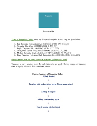Types of Turquoise Color: There are six type of Turquoise Color. They are given below:
1. Pale Turquoise (web color) (Hex: #AFEEEE) (RGB: 175, 238, 238)
2. Turquoise Blue (Hex: #00FFEF) (RGB: 0, 255, 239)
3. Bright Turquoise (Hex: #08E8DE) (RGB: 8, 232, 222)
4. TURQUOISE (web color) (Hex: #40E0D0) (RGB: 64, 224, 208)
5. Medium Turquoise (web color) (Hex: #48D1CC) (RGB: 72, 209, 204)
6. Deep Turquoise (web color Dark Turquoise) (Hex: #00CED1) (RGB: 0, 206, 209)
Process Flow Chart for 100% Cotton Knit Fabric (Turquoise Color):
Turquoise is very sensitive color. Its wash fastness is not good. Dyeing process of turquoise
color is slightly difference from other color process.
Process Sequence of Turquoise Color:
Fabric loaded
↓
Treating with anti-creasing agent (Room temperature)
↓
Adding detergent
↓
Adding Antifoaming agent
↓
Caustic dosing (dosing 6min)
↓
Turquoise Color
 