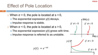 Effect of Pole Location
19
 When σ > 0, the pole is located at s < 0,
 The exponential expression y(t) decays.
 Impulse response is stable.
 When σ < 0, the pole is located at s > 0,
 The exponential expression y(t) grows with time.
 Impulse response is referred to as unstable.
if   0
Im(s)
if   0
Re(s)
if   0y(t)
if   0
t
RTECS
 