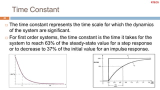 Time Constant
28
 The time constant represents the time scale for which the dynamics
of the system are significant.
 For first order systems, the time constant is the time it takes for the
system to reach 63% of the steady-state value for a step response
or to decrease to 37% of the initial value for an impulse response.
RTECS
 