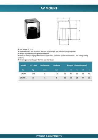 AV MOUNT
Model PT. Load Defflection Rod size Hanger Dimension(mm)
No. Kg mm mm A B C D E
LAVM 120 6 10 75 40 35 55 41
LAVM-1 70 6 8 61 33 28 44 31
Size Range: 1” to 2”
Retained insert nut to ensure that the loop hanger and insert nut stay together
Height adjustment through threaded rods
Used for freely hanging of horizontal pipe lines , sprinkler system installations , fire extinguishing
systems
Electro galvanized as per ASTM B 633 Standards
LV TOOLS & COMPONENTS
 