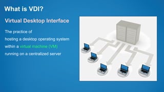 What is VDI?
Virtual Desktop Interface
The practice of
hosting a desktop operating system
within a virtual machine (VM)
running on a centralized server
 