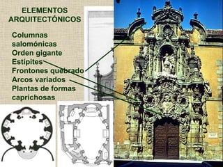 Columnas
salomónicas
Orden gigante
Estípites
Frontones quebrados
Arcos variados
Plantas de formas
caprichosas
ELEMENTOS
ARQUITECTÓNICOS
 