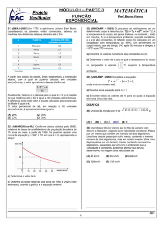 MÓDULO I – PARTE 3                   MATEMÁTICA
                    Projeto
                   Vestibular                                FUNÇÃO                                 Prof. Bruno Vianna
                                                           EXPONENCIAL
31) (UERJ–2007) Em 1772, o astrônomo Johann Elert Bode,              33) (UNICAMP – 2003) O processo de resfriamento de um
                                                                                                                     βt
considerando os planetas então conhecidos, tabelou as                determinado corpo é descrito por: T(t) = TA + α3 , onde T(t) é
medidas das distâncias desses planetas até o Sol.                    a temperatura do corpo, em graus Celsius, no instante t, dado
                                                                     em minutos, TA é a temperatura ambiente, suposta constante,
                                                                     e α e β são constantes. O referido corpo foi colocado em um
                                                                     congelador com temperatura de -18ºC. Um termômetro no
                                                                     corpo indicou que ele atingiu 0ºC após 90 minutos e chegou a
                                                                     -16ºC após 270 minutos.

                                                                     a) Encontre os valores numéricos das constantes α e β.

                                                                     b) Determine o valor de t para o qual a temperatura do corpo
                                                                                                     2
                                                                     no congelador é apenas            ºC superior à temperatura
                                                                                                     3
                                                                     ambiente.

A partir dos dados da tabela, Bode estabeleceu a expressão           34) (UNICAMP - 2002) Considere a equação:
abaixo, com a qual se poderia calcular, em unidades                                      x      22 − x
astronômicas, o valor aproximado dessas distâncias:                                  2 + m               - 2m - 2 = 0,
                                                                     onde m é um número real.
                             3 ⋅ 2n − 2 + 4
                                  10                                 a) Resolva essa equação para m = 1.

Atualmente, Netuno é o planeta para o qual n = 9, e a medida         b) Encontre todos os valores de m para os quais a equação
de sua distância até o Sol é igual a 30 unidades astronômicas.       tem uma única raiz real.
A diferença entre este valor e aquele calculado pela expressão
de Bode é igual a d.                                                 DESAFIOS
O valor percentual de |d|, em relação a 30 unidades
astronômicas, é aproximadamente igual a:
                                                                     35) O resto da divisão por 9 de                          é:
(A) 29%                      (C) 35%
(B) 32%                      (D) 38%
                                                                     (A) 0   (B) 1   (C) 3   (D) 6        (E) 8
32) (UNI-RIO/Ence-RJ) Conforme dados obtidos pelo IBGE,
                                                                     36) O professor Bruno Vianna sai do Rio de Janeiro com
relativos às taxas de analfabetismo da população brasileira de
                                                                     destino a Salvador, viajando com velocidade constante. Passa
15 anos ou mais, a partir de 1960, foi possível ajustar uma
                          x                                          por um marco que contém um número de dois algarismos.
curva de equação y = 30k + 10, em que k > 0, representada a
                                                                     Uma hora depois passa por outro marco, contendo o mesmo
seguir:
                                                                     número de dois algarismos, mas em ordem inversa. Uma hora
                                                                     depois passa por um terceiro marco, contendo os mesmos
                                                                     algarismos, separados por um zero. Lembrando que a
                                                                     velocidade é constante, podemos afirmar que Bruno
                                                                     desenvolveu na viagem uma velocidade de:

                                                                     (A) 45 km/h      (B) 65 km/h            (C) 80km/h

                                                                     (D) 120km/h      (E) 135 km/h




                                              1/30
a) Determine o valor de k.     (k = (1/3)            )

b) Obtenha as taxas relativas aos anos de 1960 e 2020 (valor
estimado), usando o gráfico e a equação anterior.




                                                                                                                              2011
                                                                 6
 