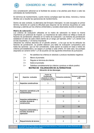 Julio 2012
Actualización del Plan Maestro de Alcantarillado Sanitario y Tratamiento de Aguas Residuales de
Asunción y Área Metropolitana (APM) -
Pagina
104
Una consideración adicional es la facilidad de acceso a las plantas para llevar a cabo las
actividades de mantenimiento.
En términos de mantenimiento, cuanto menos complejas sean las obras, menores y menos
difíciles van a resultar las operaciones de mantenimiento.
Dentro de este contexto, la alternativa del Emisario interceptor, ha sido escogida en primer
término, teniendo en cuenta la dificultad para disponer de los terrenos requeridos en cada
descarga y además por los criterios ambientales y sociales observados durante el estudio.
Matriz de valoración :
Los criterios de evaluación utilizados en la matriz de valoración no tienen la misma
importancia y/o potencial de impacto. La importancia de cada criterio se refleja a través de
factores de ponderación utilizados en la matriz de evaluación. Los factores de ponderación
establecen el valor de cada criterio dentro de un rango; por ejemplo, entre 1 y 5, donde 5 es
el más importante y 1 el menos importante
Utilizando los criterios descritos en el párrafo anterior , a los que se les ha atribuido los
factores de ponderación, es posible elaborar una tabla de evaluación comparativa para
todas las opciones que se han considerado. Cada opcion se evalúa en base a todos los
criterios pre-establecidos y se asigna un puntaje a cada criterio. En este caso, los puntajes
asignados se variaron entre 1 y 5 de acuerdo con las siguientes directrices de puntuación:
1 = No satisface los criterios en absoluto o produce resultados negativos
2 = Menor al promedio
3 = Regular en términos de criterios
4 = Sobre el promedio
5 = Satisface completamente los criterios o produce un efecto positivo
MATRIZ DE VALORACIÓN DE ALTERNATIVAS
Ubicación de las descargas
Item Aspectos evaluados
Factor de
Ponderación
adoptada en base a
la importancia (1-5)
Emisarios existentes
Emisario interceptor
y EB
1 Aspectos constructivos 3 3 3
9 9
2
Aspectos operativos y de
mantenimiento
3 4 3
12 9
3
Impactos ambientales y
sociales durante la
construcción
5 3 4
15 20
3
Impactos ambientales y
sociales durante la
operación
5 3 4
15 20
4 Requerimiento de terreno 5 2 4
 