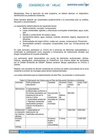 Julio 2012
Actualización del Plan Maestro de Alcantarillado Sanitario y Tratamiento de Aguas Residuales de
Asunción y Área Metropolitana (APM) -
Pagina
142
Metodología: Para la ejecución de este programa, se deberá efectuar un diagnóstico,
identificando los problemas existentes.
Estos estudios deberán ser presentados posteriormente a la comunidad para su análisis,
discusión y recomendación.
La capacitación deberá abarcar los siguientes temas:
 Medio ambiente: concepto, componentes.
 Leyes ambientales vigentes y ordenanzas municipales ambientales: agua, suelo,
aire.
 Manejo y conservación de suelos y agua.
 Saneamiento básico: agua, residuos, vivienda, alimentos, higiene, disposición de
efluentes.
 Enfermedades de origen hídrico: cuales son, causas, consecuencia, Prevención.
 Alcantarillado sanitario: conceptos, componentes, buen uso. Consecuencias del
mal uso.
En cada seminario participará un mínimo de 2 personas de diferentes especialidades y
contemplar la participación como expositor a funcionarios de instituciones oficiales que
tengan competencia en la parte ambiental.
Los seminarios serán desarrollados con ayuda de elementos audiovisuales: afiches,
trípticos, papelógrafos, presentaciones en PowerPoint. Los mismos deben ser aprobados
por la Unidad Ambiental de ESSAP. Deberá contener dibujos explicativos en mínimo 3
colores.
Realizar una campaña de difusión ambiental por emisora de radios comunitarias de la zona
mediante la emisión de mensajes sobre temas medioambientales.
Los costos estimados para la implementación de este Plan, se presentan a continuación:
Tabla 9.2 Estimación de Costos para el Plan de Educación Sanitaria y Ambiental
Actividad Perfil profesional
descripción
Cantidad Duración
hs
Costo
unitario
Gs
Costo Total
Gs
Seminarios 2 capacitadores
profesionales conforme a
los temas acordados con
experiencia de por lo
menos 3 años
1 especialista ambiental
1 Ingeniero sanitarista
especialista sanitario
incluye movilización y
viático
Una jornada
con
comisiones
vecinales en
cada
municipio
2
talleres
de
2horas
600.000
Elaboración
e impresión
de trípticos,
afiches,
1 especialista en
elaboración de
materiales educativos
1 Gl 5000.000 5000.000
Emisión
radial
Emisoras
locales y
radios
comunitarias
5 horas 5.000.000
TOTAL
 