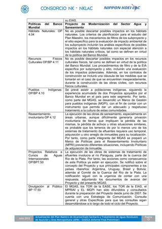 Julio 2012
Actualización del Plan Maestro de Alcantarillado Sanitario y Tratamiento de Aguas Residuales
de Asunción y Área Metropolitana (APM) - EASEGA (Informe Final Preliminar)
Pagina
17
su EIAS.
Políticas del Banco
Mundial
Proyecto de Modernización del Sector Agua y
Saneamiento
Hábitats Naturales: OP
4.04
No es posible descartar posibles impactos en los hábitats
naturales. Los criterios de planificación para el estudio del
Plan Maestro, los mecanismos de filtros de los subproyecto y
el sitio específico para la evaluación de impacto ambiental de
los subproyecto incluirán los análisis específicos de posibles
impactos en los hábitats naturales con especial atención a
los hábitats naturales críticos, tal como se definen en virtud
de la política del Banco Mundial.
Recursos Físicos
Culturales OP/BP 4.11
No es posible descartar posibles impactos en los recursos
culturales físicos, tal como se definen en virtud de la política
del Banco Mundial. Los procedimientos de filtro y de la EIA
específica por subproyecto y sitio, incluirán una evaluación
de los impactos potenciales. Además, en los contratos de
construcción se incluirá una cláusula de las medidas que se
tomarán en el caso de que se encuentren inesperadamente,
durante la construcción de las obras civiles, con recursos
físicos culturales.
Pueblos Indígenas:
OP/BP 4.10
Se prevé asistir a poblaciones indígenas, siguiendo la
experiencia acumulada de dos Proyectos apoyados por el
Banco Mundial en el país para este segmento. Por tanto,
como parte del MGAS, se desarrolló un Marco de Gestión
para pueblos indígenas (MGPI), con el fin de contar con un
instrumento que permita dar un adecuado y respetuoso
tratamiento a la cultura de estas comunidades.
Reasentamiento
involuntario OP 4.12
La ejecución de las obras de saneamiento, especialmente en
áreas urbanas, aunque difícilmente generaría privación
involuntaria de tierras que impliquen la pérdida de las
mismas, la pérdida de activos u otras situaciones similares,
es probable que los terrenos de por lo menos uno de los
sistemas de tratamiento de efluentes requiera uso temporal,
adquisición u otro arreglo de inmuebles para su localización.
Por tanto, como parte integrante del MGAS se preparó un
Marco de Políticas para el Reasentamiento Involuntario
(MPRI) previendo diferentes situaciones, incluyendo Políticas
de adquisición de Inmueble.
Proyectos Relativos a
Cursos de Aguas
Internacionales
OP/BP7.50
La ejecución de las obras de sistemas de tratamiento de
efluentes involucra al río Paraguay, parte de la cuenca del
Río de la Plata. Por tanto, las acciones como consecuencia
de esta Política ya están en ejecución. Se notificó sobre el
concepto del Proyecto y sus principales componentes a los
países ribereños: Argentina, Uruguay, Brasil y Bolivia;
además al Comité de la Cuenca del Río de la Plata. La
notificación siguió con la urgencia de contar con una
respuesta, adjuntando los documentos de avance del
Proyecto y del presente MGAS.
Divulgación al Público
BP 17.50
El MGAS, los TOR de la EASE, los TOR de la EIAS, el
MPRIAI y EL MGPI han sido difundidos y consultados
durante la preparación del Proyecto desde junio de 2007. Se
cuenta con una Estrategia de Comunicación, Consulta
general y otras Específicas para que las consultas sigan
desarrollándose a lo largo de todo el ciclo del Proyecto.
 