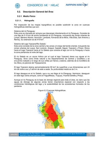 Julio 2012
Actualización del Plan Maestro de Alcantarillado Sanitario y Tratamiento de Aguas Residuales de
Asunción y Área Metropolitana (APM) -
Pagina
27
5.2. Descripción General del Área
5.2.1. Medio Físico
5.2.1.1. Hidrografía
Por inspección de los mapas topográficos es posible subdividir la zona en cuencas
hidrográficas distintas que son:
Sistema del río Paraguay:
Esta zona es drenada por arroyos que descargan directamente al río Paraguay. Consiste de
una faja de 5-10 km de ancho bordeando el río Paraguay, incluyendo las zonas urbanas de
Limpio, Mariano Alonso, Asunción, Lambaré, Fernando de la Mora, Villa Elisa, San Antonio y
Ñemby. Su extensión es de 410 km2
.
Sistema del Lago Ypacaraí/Rio Salado:
Esta zona consiste de la zona central y las zonas a lo largo del borde oriental, incluyendo las
zonas urbanas de Luque, San Lorenzo, Areguá, Capiatá, Itaguá, Ypacaraí y Pirayú. Drena
hacia el Lago Ypacaraí hacia el río Salado que conecta el lago con el río Paraguay o hacia
la zona pantanosa al norte del lago.
El río Salado es un cauce hídrico por el cual el lago Ypacaraí drena sus aguas al río
Paraguay. Sirve como límite natural a los Departamentos de Central y Cordillera y se
encuentra rodeado a lo largo de sus orillas por llanos y esteros; además de la Cordillera de
los Altos y la planicie del Ybytypanemá.
El lago Ypacaraí abarca aproximadamente 90 km² de superficie y sus dimensiones son 24
km de norte a sur y 5 a6 km de este a oeste. Su profundidad media es de 3 m.
El lago desagua en el río Salado, que a su vez llega al río Paraguay. Asimismo, desaguan
en este lago varios arroyos, como el YaguáResau, Yuquyry, Puente Estrella y Pirayú.
Aunque el río Paraguay es la base de drenaje regional para toda el área, es claro que las
aguas de drenaje de algunas zonas tienen importancia especial con respecto a las
condiciones hidrológicas del lago y la sostenibilidad de los ecosistemas húmedos de los
pantanos
Figura 5.2 Cuencas Hidrográficas
 