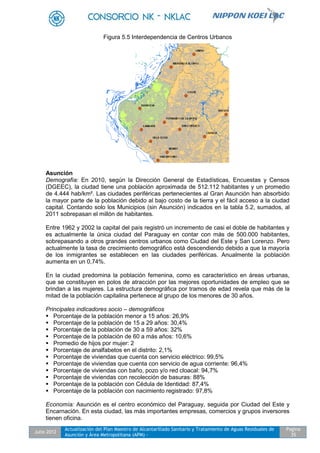 Julio 2012
Actualización del Plan Maestro de Alcantarillado Sanitario y Tratamiento de Aguas Residuales de
Asunción y Área Metropolitana (APM) -
Pagina
35
Figura 5.5 Interdependencia de Centros Urbanos
Asunción
Demografía: En 2010, según la Dirección General de Estadísticas, Encuestas y Censos
(DGEEC), la ciudad tiene una población aproximada de 512.112 habitantes y un promedio
de 4.444 hab/km². Las ciudades periféricas pertenecientes al Gran Asunción han absorbido
la mayor parte de la población debido al bajo costo de la tierra y el fácil acceso a la ciudad
capital. Contando solo los Municipios (sin Asunción) indicados en la tabla 5.2, sumados, al
2011 sobrepasan el millón de habitantes.
Entre 1962 y 2002 la capital del país registró un incremento de casi el doble de habitantes y
es actualmente la única ciudad del Paraguay en contar con más de 500.000 habitantes,
sobrepasando a otros grandes centros urbanos como Ciudad del Este y San Lorenzo. Pero
actualmente la tasa de crecimiento demográfico está descendiendo debido a que la mayoría
de los inmigrantes se establecen en las ciudades periféricas. Anualmente la población
aumenta en un 0,74%.
En la ciudad predomina la población femenina, como es característico en áreas urbanas,
que se constituyen en polos de atracción por las mejores oportunidades de empleo que se
brindan a las mujeres. La estructura demográfica por tramos de edad revela que más de la
mitad de la población capitalina pertenece al grupo de los menores de 30 años.
Principales indicadores socio – demográficos
 Porcentaje de la población menor a 15 años: 26,9%
 Porcentaje de la población de 15 a 29 años: 30,4%
 Porcentaje de la población de 30 a 59 años: 32%
 Porcentaje de la población de 60 a más años: 10,6%
 Promedio de hijos por mujer: 2
 Porcentaje de analfabetos en el distrito: 2,1%
 Porcentaje de viviendas que cuenta con servicio eléctrico: 99,5%
 Porcentaje de viviendas que cuenta con servicio de agua corriente: 96,4%
 Porcentaje de viviendas con baño, pozo y/o red cloacal: 94,7%
 Porcentaje de viviendas con recolección de basuras: 88%
 Porcentaje de la población con Cédula de Identidad: 87,4%
 Porcentaje de la población con nacimiento registrado: 97,8%
Economía: Asunción es el centro económico del Paraguay, seguida por Ciudad del Este y
Encarnación. En esta ciudad, las más importantes empresas, comercios y grupos inversores
tienen oficina.
 