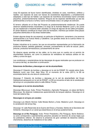 Julio 2012
Actualización del Plan Maestro de Alcantarillado Sanitario y Tratamiento de Aguas Residuales de
Asunción y Área Metropolitana (APM) -
Pagina
52
Unas 50 especies de fauna fueron identificadas, divididas en aves, mamíferos, anfibios y
reptiles. Las especies de aves son típicas de ecosistemas degradados y completamente
adaptados a este tipo de hábitat. Las especies de mamíferos encontrados fueron animales
pequeños, predominantemente roedores. Ninguna de las especies identificadas ya sea las
pertenecientes a la fauna o la flora, fueron encontradas raras o en peligro de extinción.
El terreno utilizado en el Área del Proyecto es predominantemente residencial. Se puede
observar establecimientos industriales a lo largo de la Avenida Madame Lynch y las zonas
de uso residencial e industrial están ubicadas a lo largo de algunas de las calles principales.
El Jardín Botánico constituye la mayor área de recreación, mientras que existen otras plazas
pequeñas distribuidas en las áreas residenciales.
Existen algunas áreas de uso especial, en particular el Hipódromo, cementerio y los terrenos
pertenecientes a la Fuerza Aérea y Caballería. Las grandes áreas de la cuenca inferior no
han sido desarrolladas.
Existen industrias en la cuenca, las que se encuentran representadas por la fabricación de
productos lácteos, bebidas gaseosas, cervezas, procesamiento de caña de azúcar, jabón,
pinturas, productos farmacéuticos y procesamiento de carne
Se observa aguas servidas en las calles, en la zona que no cuenta con el servicio de
alcantarillado sanitario, así como la presencia de vertederos de residuos sólidos en las
calles y cursos de agua.
Las condiciones y características de las descargas de aguas residuales que se producen en
la cuenca del Itay, se describen a continuación.
Estaciones de Bombeo y descargas en red de alcantarillado:
Descarga E: Estación de bombeo y descarga en la red de ESSAP: En vereda sobre Avda.
Madame Lynch casi Cnel. Alejo Silva. En el momento de la visita (2011), la EB se
encontraba dentro de una obra en construcción.
Descarga F. Estación de bombeo y descarga en la red de alcantarillado del Grupo
Habitacional aeropuerto en la red de ESSAP. La EB se encuentra al lado de la canalización
del arroyo en una plazoleta sobre la calle Alférez Troche.
Descargas en la red de alcantarillado:
Descarga Mburucuya: Avda. Primer Presidente y Agricultor Paraguayo, en plaza del Barrio
Mburucuya. Se observan instalaciones aparentemente de tanques sépticos. Descarga en el
túnel del sistema Itay.
Descargas en arroyos y/o canales:
Descarga Luis Alberto Herrera: Calle Moisés Bertoni y Avda. Madame Lynch. Descarga en
la canalización del arroyo Itay.
Descarga 15: calle Reservista de la Guerra del Chaco y Overaba. Detrás de la Secretaria del
Ambiente. Descarga en un canal que desemboca en el arroyo posteriormente.
Descarga en el Rio Paraguay: Avda. Primer Presidente y Rio Paraguay. Barrio Botánico.
La zona corresponde a asentamientos precarios ubicados en terrenos de zonas bajas que
los pobladores rellenan. Se observa la presencia de gran cantidad de desechos sólidos,
chancherías, desechos de mataderos en las calles.
 