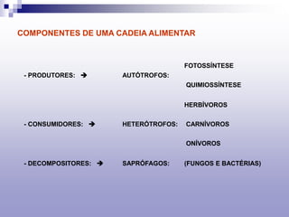 COMPONENTES DE UMA CADEIA ALIMENTAR
- PRODUTORES:  AUTÓTROFOS:
FOTOSSÍNTESE
QUIMIOSSÍNTESE
- CONSUMIDORES:  HETERÓTROFOS:
HERBÍVOROS
CARNÍVOROS
ONÍVOROS
- DECOMPOSITORES:  SAPRÓFAGOS: (FUNGOS E BACTÉRIAS)
 