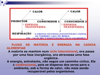 FLUXO DE MATÉRIA E ENERGIA NA CADEIA
ALIMENTAR
A matéria se mantém num ciclo interminável, ora passa
por uma fase inorgânica, ora atravessa uma fase
orgânica.
A energia, entretanto, não segue um caminho cíclico. Ela
é unidirecional, pois se dispersa dos seres para o
ambiente, sob a forma de calor, não mais sendo
recuperável pelos organismos.
 