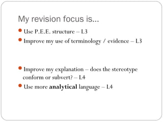 My revision focus is…
Use P.E.E. structure – L3
Improve my use of terminology / evidence – L3



Improve my explanation – does the stereotype
 conform or subvert? – L4
Use more analytical language – L4
 