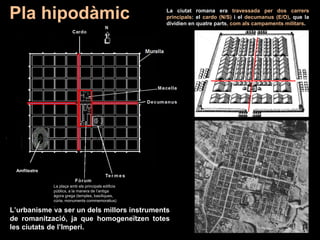 Amfiteatre
Pla hipodàmic La ciutat romana era travessada per dos carrers
principals: el cardo (N/S) i el decumanus (E/O), que la
dividien en quatre parts, com als campaments militars.
L’urbanisme va ser un dels millors instruments
de romanització, ja que homogeneïtzen totes
les ciutats de l’Imperi.
La plaça amb els principals edificis
públics, a la manera de l’antiga
àgora grega (temples, basíliques,
cúria, monuments commemoratius)
.
 