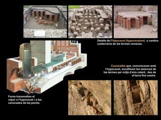 Detalls de l’hipocaust (hypocaustum) o cambra
subterrània de les termes romanes.
Canonades que, comunicaven amb
l’hypocaust, escalfaven les estances de
las termes per mitjà d’aire calent, des de
el terra fins sostre.
Forns transmetien el
vapor a l’hypocaust i a les
canonades de les parets.
 