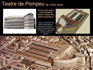 Primer gran teatre
monumental de
Roma i model dels
teatres posteriors.
Tenia un aforament de
20.000 espectadors i,
adossat a la càvea, hi
havia el temple de Venus
Victoriosa i un gran jardí
porticat darrere la
scaenas.
Teatre de Pompeu 66 – 55 aC. Roma.
 