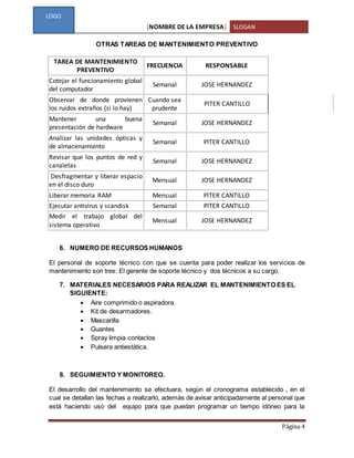 [NOMBRE DE LA EMPRESA] SLOGAN
Página 4
LOGO
OTRAS TAREAS DE MANTENIMIENTO PREVENTIVO
TAREA DE MANTENIMIENTO
PREVENTIVO
FRECUENCIA RESPONSABLE
Cotejar el funcionamiento global
del computador
Semanal JOSE HERNANDEZ
Observar de donde provienen
los ruidos extraños (si lo hay)
Cuando sea
prudente
PITER CANTILLO
Mantener una buena
presentación de hardware
Semanal JOSE HERNANDEZ
Analizar las unidades ópticas y
de almacenamiento
Semanal PITER CANTILLO
Revisar que los puntos de red y
canaletas
Semanal JOSE HERNANDEZ
Desfragmentar y liberar espacio
en el disco duro
Mensual JOSE HERNANDEZ
Liberar memoria RAM Mensual PITER CANTILLO
Ejecutar antivirus y scandisk Semanal PITER CANTILLO
Medir el trabajo global del
sistema operativo
Mensual JOSE HERNANDEZ
6. NUMERO DE RECURSOS HUMANOS
El personal de soporte técnico con que se cuenta para poder realizar los servicios de
mantenimiento son tres: El gerente de soporte técnico y dos técnicos a su cargo.
7. MATERIALES NECESARIOS PARA REALIZAR EL MANTENIMIENTO ES EL
SIGUIENTE:
 Aire comprimido o aspiradora.
 Kit de desarmadores.
 Mascarilla
 Guantes
 Spray limpia contactos
 Pulsera antiestática.
8. SEGUIMIENTO Y MONITOREO.
El desarrollo del mantenimiento se efectuara, según el cronograma establecido , en el
cual se detallan las fechas a realizarlo, además de avisar anticipadamente al personal que
está haciendo uso del equipo para que puedan programar un tiempo idóneo para la
 