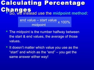 Calculating PercentageCalculating Percentage
ChangesChanges So, we instead use theSo, we instead use the midpoint methodmidpoint method::
end value – start value
midpoint
x 100%
 The midpoint is the number halfway between
the start & end values, the average of those
values.
 It doesn’t matter which value you use as the
“start” and which as the “end” – you get the
same answer either way!
 