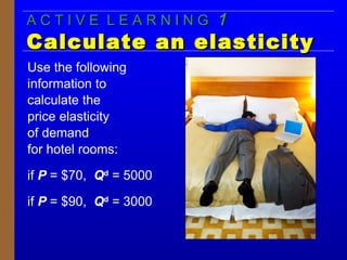 A C T I V E L E A R N I N GA C T I V E L E A R N I N G 11
Calculate an elasticityCalculate an elasticity
Use the following
information to
calculate the
price elasticity
of demand
for hotel rooms:
if P = $70, Qd
= 5000
if P = $90, Qd
= 3000
 