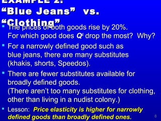 8
EXAMPLE 2:EXAMPLE 2:
“Blue Jeans” vs.“Blue Jeans” vs.
“Clothing”“Clothing” The prices of both goods rise by 20%.The prices of both goods rise by 20%.
For which good doesFor which good does QQdd
drop the most? Why?drop the most? Why?
 For a narrowly defined good such asFor a narrowly defined good such as
blue jeans, there are many substitutesblue jeans, there are many substitutes
(khakis, shorts, Speedos).(khakis, shorts, Speedos).
 There are fewer substitutes available forThere are fewer substitutes available for
broadly defined goods.broadly defined goods.
(There aren’t too many substitutes for clothing,(There aren’t too many substitutes for clothing,
other than living in a nudist colony.)other than living in a nudist colony.)
 Lesson:Lesson: Price elasticity is higher for narrowlyPrice elasticity is higher for narrowly
defined goods than broadly defined ones.defined goods than broadly defined ones.
 