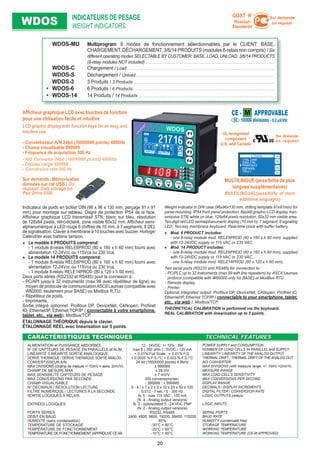 WDOSWDOS
Weight Indicator in DIN case (96x96x130 mm, drilling template 91x91mm) for
panel mounting. IP54 front panel protection. Backlit graphic LCD display, tran-
smissive STN, white on blue, 128x64 pixels resolution, 60x32 mm visible area.
Ten-digit red LED semialphanumeric display (10 mm h), 7 segment; 8 signaling
LED. Ten-key membrane keyboard. Real-time clock with buffer battery.
Mod. 6 PRODUCT includes:
- one 8-relay module mod. RELE6PROD (80 x 160 x h 60 mm), supplied
with 12-24VDC supply or 115 VAC or 230 VAC.
Mod. 14 PRODUCT includes:
- one 8-relay module mod. RELE6PROD (80 x 160 x h 60 mm), supplied
with 12-24VDC supply or 115 VAC or 230 VAC.
- one 8-relay module mod. RELE14PROD (80 x 120 x h 60 mm).
Two serial ports (RS232 and RS485) for connection to:
- PC/PLC up to 32 instruments (max 99 with line repeaters) by ASCII Laumas
protocol (compatible with W60000 only for BASE) or ModBus RTU.
- Remote display.
- Printer.
Optional integrated output: Proﬁbus DP, DeviceNet, CANopen, Proﬁnet IO,
Ethernet/IP, Ethernet TCP/IP ( connectable to your smartphone, tablet,
etc.. via web ), Modbus/TCP.
THEORETICAL CALIBRATION is performed via the keyboard.
REAL CALIBRATION with linearization up to 5 points.
Indicateur de poids en boîtier DIN (96 x 96 x 130 mm, perçage 91 x 91
mm) pour montage sur tableau. Degré de protection IP54 de la face.
Afﬁcheur graphique LCD transmissif STN, blanc sur bleu, résolution
de 128x64 pixels, rétro-éclairé, zone visible 60x32 mm. Afﬁcheur semi-
alphanumérique à LED rouge 6 chiffres de 10 mm, à 7 segments; 8 DEL
de signalisation. Clavier à membrane à 10 touches avec buzzer. Horloge/
Calendrier avec batterie tampon.
Le modèle 6 PRODUITS comprend:
- 1 module 8-relais RELE6PROD (80 x 160 x h 60 mm) fourni avec
alimentation 12-24Vcc ou 115Vca ou 230 Vca.
Le modèle 14 PRODUITS comprend:
- 1 module 8-relais RELE6PROD (80 x 160 x h 60 mm) fourni avec
alimentation 12-24Vcc ou 115Vca ou 230 Vca.
- 1 module 8-relais RELE14PROD (80 x 120 x h 60 mm).
Deux ports séries (RS2332 et RS485) pour la connexion à:
- PC/API jusqu’à 32 instruments (max 99 avec répétiteur de ligne) au
moyen de protocole de communicationASCII Laumas (compatible avec
W60000, seulement pour BASE) ou Modbus R.T.U.
- Répétiteur de poids.
- Imprimante.
Sortie intégré optionnel: Proﬁbus DP, DeviceNet, CANopen, Proﬁnet
IO, Ethernet/IP, Ethernet TCP/IP ( connectable à votre smartphone,
tablet, etc.. via web), Modbus/TCP.
ÉTALONNAGE THÉORIQUE depuis le clavier.
ÉTALONNAGE RÉEL avec linéarisation sur 5 points.
CARACTÉRISTIQUES TECHNIQUESCARACTÉRISTIQUES TECHNIQUES TECHNICAL FEATURESTECHNICAL FEATURES
ALMENTATION et PUISSANCE ABSORBÉE
N° DE CAPTEURS DE PESAGE EN PARALLÈLE et ALIM.
LINÉARITÉ /LINÉARITÉ SORTIE ANALOGIQUE
DÉRIVE THERMIQUE / DÉRIVE THERMIQUE SORTIE ANALOG.
CONVERTISSEUR A/N
MAX DIVISIONS (champ de mesure +/-10mV = sens. 2mV/V)
CHAMP DE MESURE MAX
MAX SENSIBILITÉ CAPTEURS DE PESAGE
MAX CONVERSIONS PAR SECONDE
CHAMP VISUALISABLE
N° DÉCIMAUX / RÉSOLUTION LECTURE
FILTRE NUMÉRIQUE / LECTURES À LA SECONDE
SORTIE LOGIQUES À RELAIS
ENTRÉES LOGIQUES
PORTS SÉRIES
DÉBIT EN BAUD
HUMIDITÉ (sans condensation)
TEMPÉRATURE DE STOCKAGE
TEMPÉRATURE DE FONCTIONNEMENT
TEMPÉRATURE DE FONCTIONNEMENT(APPROUVÉ CE-M)
12 - 24VDC +/-10% ; 5W
max 8 ( 350 ohm ) ; 5VDC / 120 mA
< 0.01% Full Scale ; < 0.01% F.S.
< 0.0005 % F.S./°C < 0.003 % F.S./°C
24 bit (16000000 points) 4.8kHz
± 999999
± 39 mV
± 7 mV/V
300 conversions/sec.
- 999999 ; + 999999
0 - 4 / x 1 x 2 x 5 x 10 x 20 x 50 x 100
0.012 - 7 sec / 5 - 300 Hz
N. 5 - max 115 VAC ; 150 mA
(N. 4 - Analog output versions)
N. 3 - optoisolated 5 - 24 VDC PNP
(N. 2 - Analog output versions)
RS232, RS485
2400, 4800, 9600, 19200, 38400, 115200
85%
-30°C + 80°C
-20°C + 60°C
-10°C + 40°C
POWER SUPPLY and CONSUMPTION
NUMBER OF LOAD CELLS IN PARALLEL and SUPPLY
LINEARITY/ LINEARITY OF THE ANALOG OUTPUT
THERMAL DRIFT / THERMAL DRIFT OF THE ANALOG OUT.
A/D CONVERTER
MAX DIVISIONS (with measure range: +/- 10mV =2mV/V)
MEASURE RANGE
MAX LOAD CELL’S SENSITIVITY
MAX CONVERSIONS PER SECOND
DISPLAY RANGE
DECIMALS / DISPLAY INCREMENTS
DIGITAL FILTER / CONVERSION RATE
LOGIC OUTPUTS (relays)
LOGIC INPUTS
SERIAL PORTS
BAUD RATE
HUMIDITY (condensate free)
STORAGE TEMPERATURE
WORKING TEMPERATURE
WORKING TEMPERATURE (CE-M APPROVED)
INDICATEURS DE PESAGE
WEIGHT INDICATORS
WDOS-MU Multiprogram: 6 modes de fonctionnement sélectionnables par le CLIENT: BASE,
CHARGEMENT, DÉCHARGEMENT, 3/6/14 PRODUITS (modules 8-relais non compris) /Six
different operating modes SELECTABLE BY CUSTOMER: BASE, LOAD, UNLOAD, 3/6/14 PRODUCTS
(8-relay modules NOT included) . . . . . . . . . . . . . . . . . . . . . . . . . . . . . . . . . . . . . . . . . . . . . . . . . . . . . . . . . . . . . . . . . . . . . . . . . . . . . . . . . .
WDOS-C Chargement / Load . . . . . . . . . . . . . . . . . . . . . . . . . . . . . . . . . . . . . . . . . . . . . . . . . . . . . . . . . . . . . . . . . . . . . . . . . . . . . . . . . . . . . . . . . . . . . .
WDOS-S Déchargement / Unload . . . . . . . . . . . . . . . . . . . . . . . . . . . . . . . . . . . . . . . . . . . . . . . . . . . . . . . . . . . . . . . . . . . . . . . . . . . . . . . . . . . . . . . .
WDOS-3 3 Produits / 3 Products . . . . . . . . . . . . . . . . . . . . . . . . . . . . . . . . . . . . . . . . . . . . . . . . . . . . . . . . . . . . . . . . . . . . . . . . . . . . . . . . . . . . . . . . . .
WDOS-6 6 Produits / 6 Products . . . . . . . . . . . . . . . . . . . . . . . . . . . . . . . . . . . . . . . . . . . . . . . . . . . . . . . . . . . . . . . . . . . . . . . . . . . . . . . . . . . . . . . . . .
WDOS-14 14 Produits / 14 Products . . . . . . . . . . . . . . . . . . . . . . . . . . . . . . . . . . . . . . . . . . . . . . . . . . . . . . . . . . . . . . . . . . . . . . . . . . . . . . . . . . . . . . .
GOST R
Russian
Standards
Sur demande
on request
Afﬁcheur graphique LCD avec touches de fonction
pour une utilisation facile et intuitive
LCD graphic display with function keys for an easy and
intuitive use
Sur demande: Mémorisation
données sur clé USB / On
request: Data storage on
Pen Drive USB
- Convertisseur A/N 24bit (16000000 points) 4800Hz
- Champ visualisable 999999
- Fréquence de acquisition 300 Hz
- A/D Converter 24bit (16000000 points) 4800Hz
- Display range 999999
- Conversion rate 300 Hz
UL recognized
component
U.S. and Canada
Sur demande
on request
CE - M APPROVABLE
10000 divisions - 0.2 μV/VSIIII
MULTILINGUE (possibilité de plus
langues supplémentaires)
MULTILINGUAL(possibility of more
additional languages)
20
 
