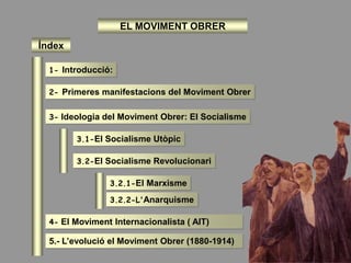Índex
1- Introducció:
3- Ideologia del Moviment Obrer: El Socialisme
2- Primeres manifestacions del Moviment Obrer
EL MOVIMENT OBRER
3.1-El Socialisme Utòpic
3.2-El Socialisme Revolucionari
3.2.1-El Marxisme
3.2.2-L'Anarquisme
4- El Moviment Internacionalista ( AIT)
5.- L’evolució el Moviment Obrer (1880-1914)
 