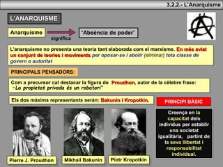 3.2.2.- L’Anarquisme
Anarquisme
significa
“Absència de poder”
Com a precursor cal destacar la figura de Proudhon, autor de la cèlebre frase:
“ La propietat privada és un robatori”
Piotr Kropotkin
L’ANARQUISME
L’anarquisme no presenta una teoria tant elaborada com el marxisme. En més aviat
un conjunt de teories i moviments per oposar-se i abolir (eliminar) tota classe de
govern o autoritat
PRINCIPALS PENSADORS:
Pierre J. Proudhon
PRINCIPI BÀSIC
Mikhail Bakunin
Creença en la
capacitat dels
individus per establir
una societat
igualitària, partint de
la seva llibertat i
responsabilitat
individual.
Els dos màxims representants seràn: Bakunin i Kropotkin.
 
