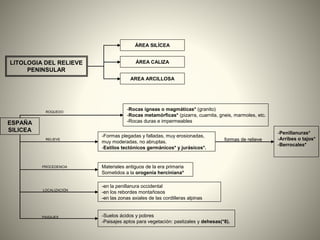 ESPAÑA
SILICEA
-Rocas ígneas o magmáticas* (granito)
-Rocas metamórficas* (pizarra, cuarnita, gneis, marmoles, etc.
-Rocas duras e impermeables
-Formas plegadas y falladas, muy erosionadas,
muy moderadas, no abruptas.
-Estilos tectónicos germánicos* y jurásicos*.
Materiales antiguos de la era primaria
Sometidos a la orogenia herciniana*
-en la penillanura occidental
-en los rebordes montañosos
-en las zonas axiales de las cordilleras alpinas
LOCALIZACIÓN
-Suelos ácidos y pobres
-Paisajes aptos para vegetación: pastizales y dehesas(*8).
-Penillanuras*
-Arribes o tajos*
-Berrocales*
ROQUEDO
RELIEVE formas de relieve
PROCEDENCIA
PAISAJES
LITOLOGIA DEL RELIEVE
PENINSULAR
ÁREA SILÍCEA
ÁREA CALIZA
AREA ARCILLOSA
 