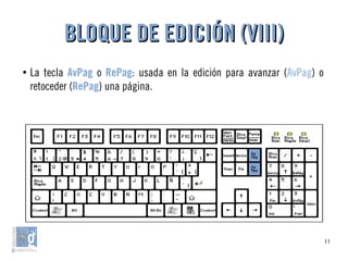 11
●
La tecla AvPag o RePag: usada en la edición para avanzar (AvPag) o
retoceder (RePag) una página.
BLOQUE DE EDICIÓN (VIII)BLOQUE DE EDICIÓN (VIII)
 