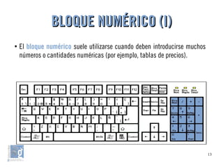 13
●
El bloque numérico suele utilizarse cuando deben introducirse muchos
números o cantidades numéricas (por ejemplo, tablas de precios).
BLOQUE NUMÉRICO (I)BLOQUE NUMÉRICO (I)
 