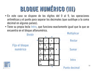 15
●
En este caso se dispone de los dígitos del 0 al 9, las operaciones
aritméticas y el punto para separar los decimales (que sustituye a la coma
decimal en algunos países).
●
Tiene su propia tecla Intro, que funciona exactamente igual que la que se
encuentra en el bloque alfanumérico.
BLOQUE NUMÉRICO (III)BLOQUE NUMÉRICO (III)
Fija el bloque
numérico
Dividir Multiplicar
Restar
Sumar
Intro
Punto decimal
 