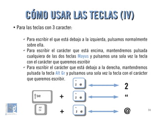 31
●
Para las teclas con 3 caracter:
✔
Para escribir el que está debajo a la izquierda, pulsamos normalmente
sobre ella.
✔
Para escribir el carácter que está encima, mantendremos pulsada
cualquiera de las dos teclas Mayus y pulsamos una sola vez la tecla
con el carácter que queremos escribir
✔
Para escribir el carácter que está debajo a la derecha, mantendremos
pulsada la tecla Alt Gr y pulsamos una sola vez la tecla con el carácter
que queremos escribir.
CÓMO USAR LAS TECLAS (IV)CÓMO USAR LAS TECLAS (IV)
+ “
2
“
2 @
“
2 @
“
2 @
“
2 @
“
2 @
“
2 @ @+
 